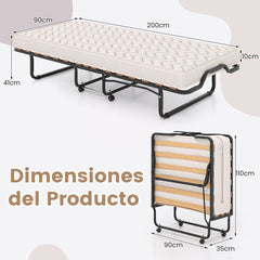 Cama Plegable 90 x 200 cm con Ruedas y Colchón de Espuma Viscoelástica & Fibra Hipoalergénica Cama para Huéspedes Compacta Portátil