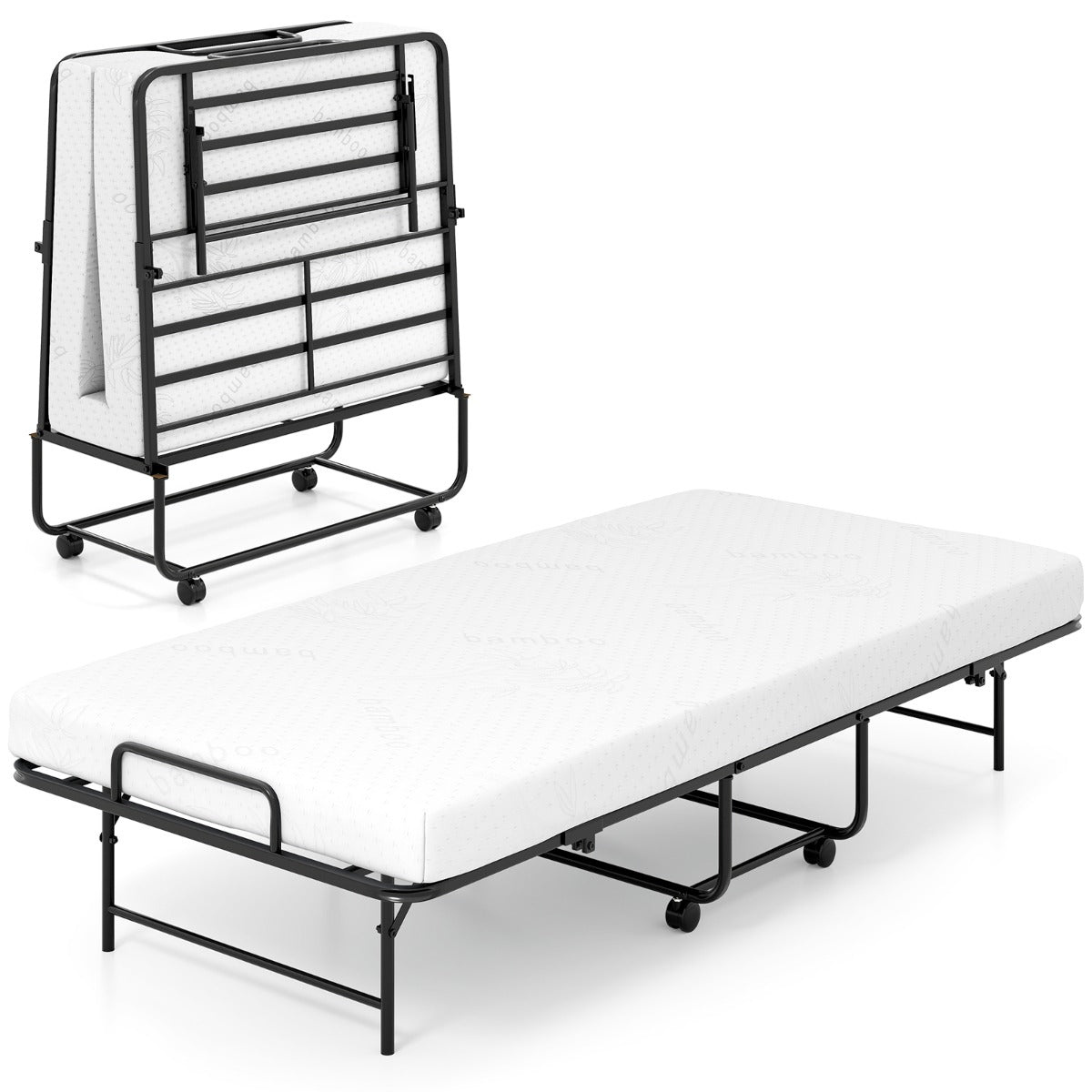 Cama Portátil Plegable con Colchón Estructura Metálica Ruedas Bloqueables 194 x 90 x 40cm Blanco