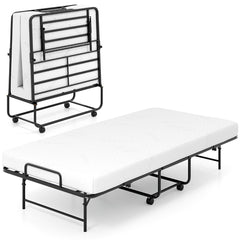 Cama Portátil Plegable con Colchón Estructura Metálica Ruedas Bloqueables 194 x 90 x 40cm Blanco
