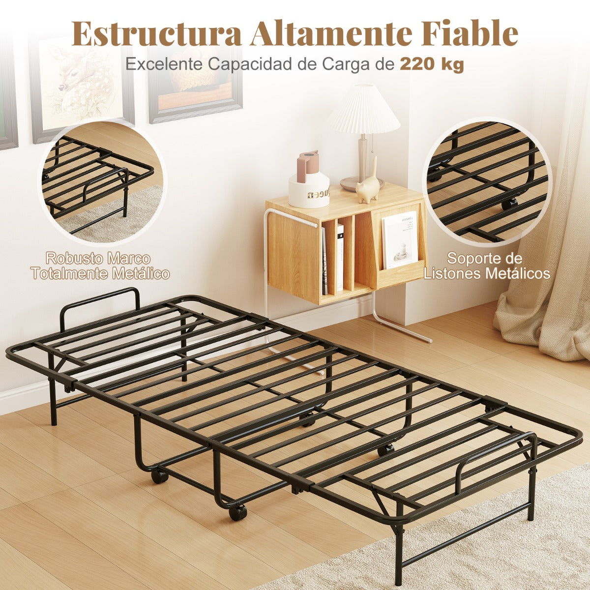 Cama Portátil Plegable con Colchón Estructura Metálica Ruedas Bloqueables 194 x 90 x 40cm Blanco