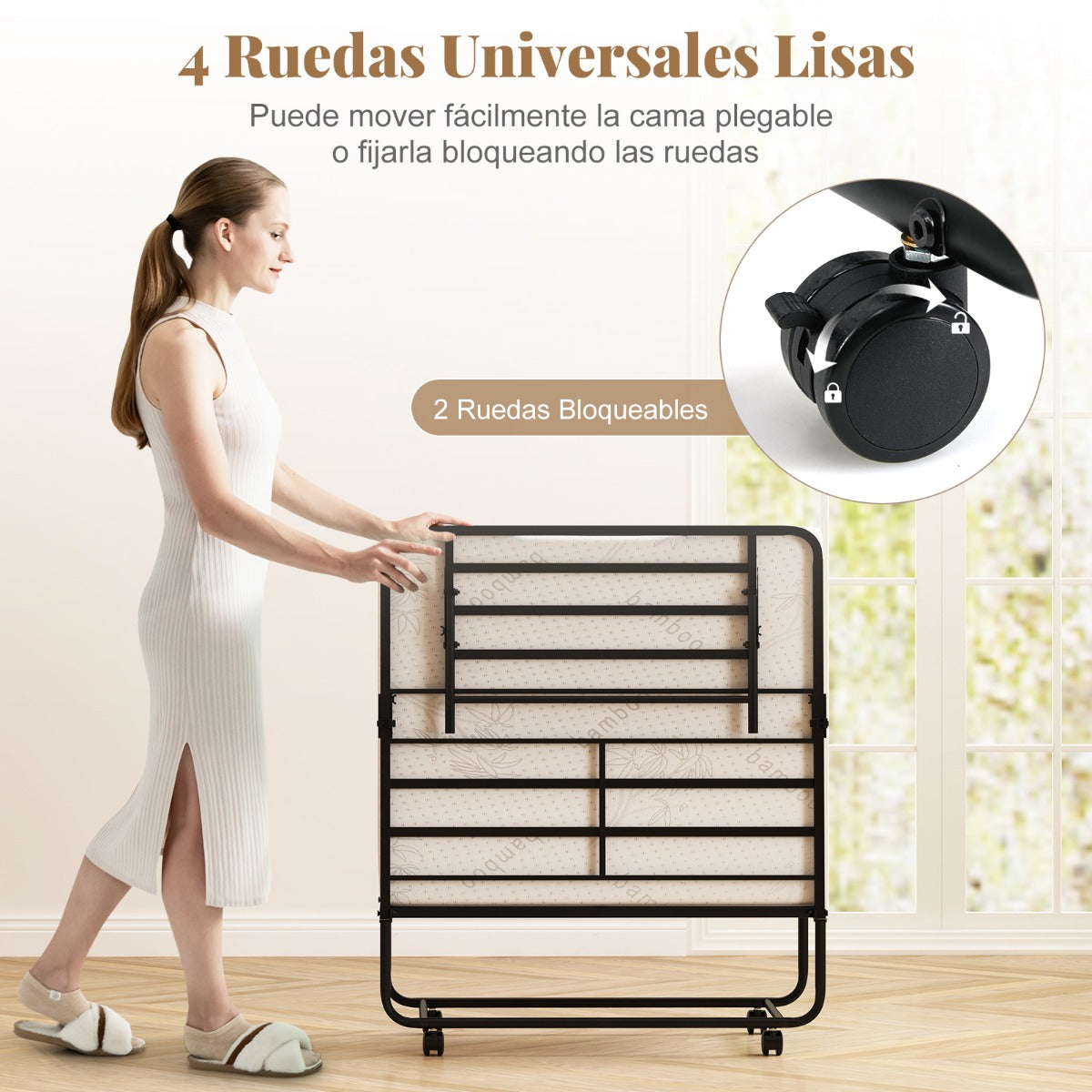 Cama Portátil Plegable con Colchón Estructura Metálica Ruedas Bloqueables 194 x 90 x 40cm Blanco