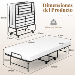 Cama Portátil Plegable con Colchón Estructura Metálica Ruedas Bloqueables 194 x 90 x 40cm Blanco