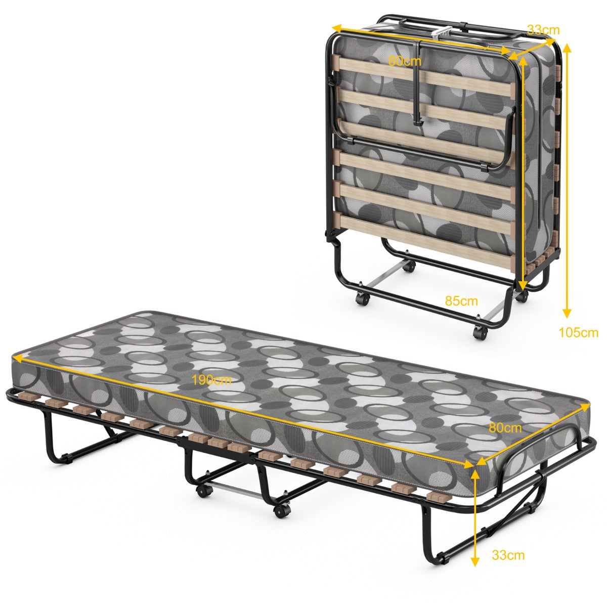 Cama Plegable con Colchón Cama para Huéspedes Portátil con Ruedas en Espuma de Memoria Estructura en Acero 190 x 80 x 33 cm-Gris