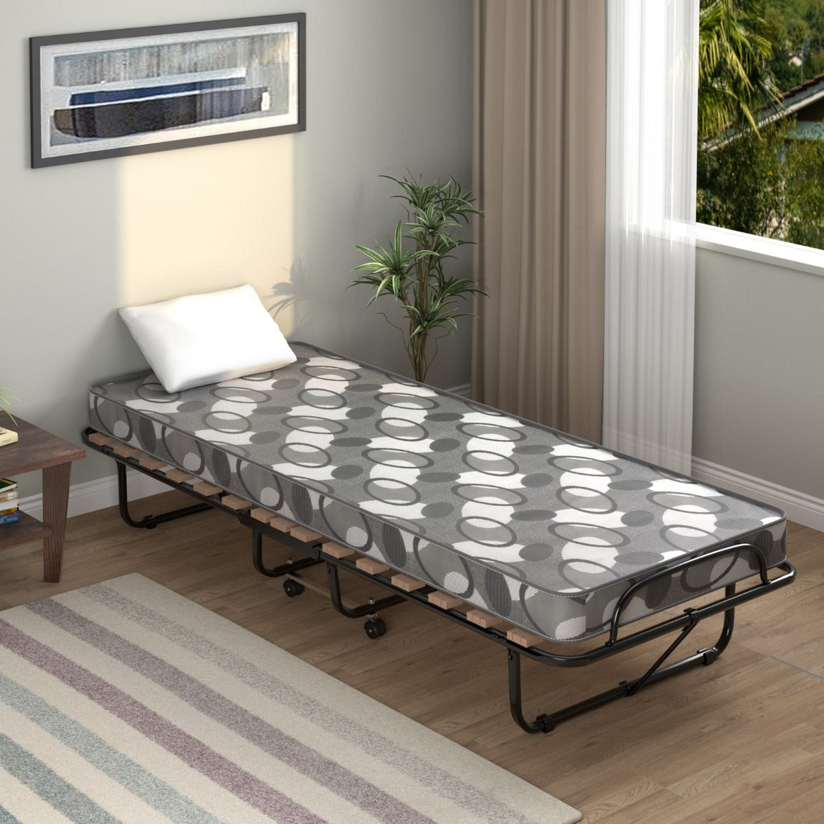 Cama Plegable con Colchón Cama para Huéspedes Portátil con Ruedas en Espuma de Memoria Estructura en Acero 190 x 80 x 33 cm-Gris
