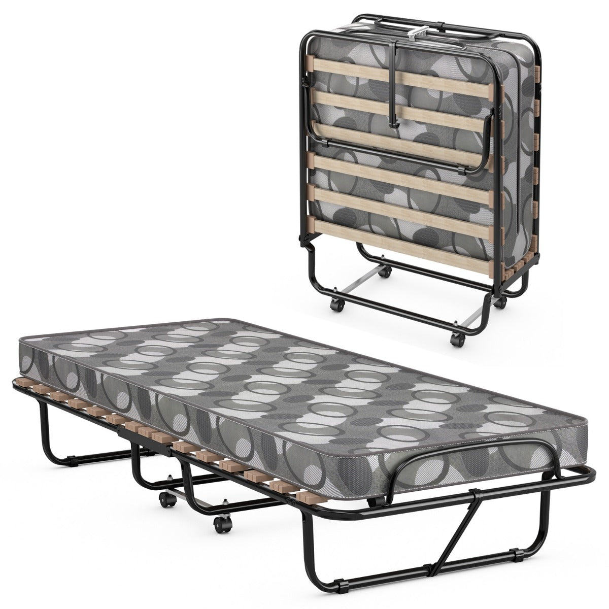 Cama Plegable con Colchón Cama para Huéspedes Portátil con Ruedas en Espuma de Memoria Estructura en Acero 190 x 80 x 33 cm-Gris