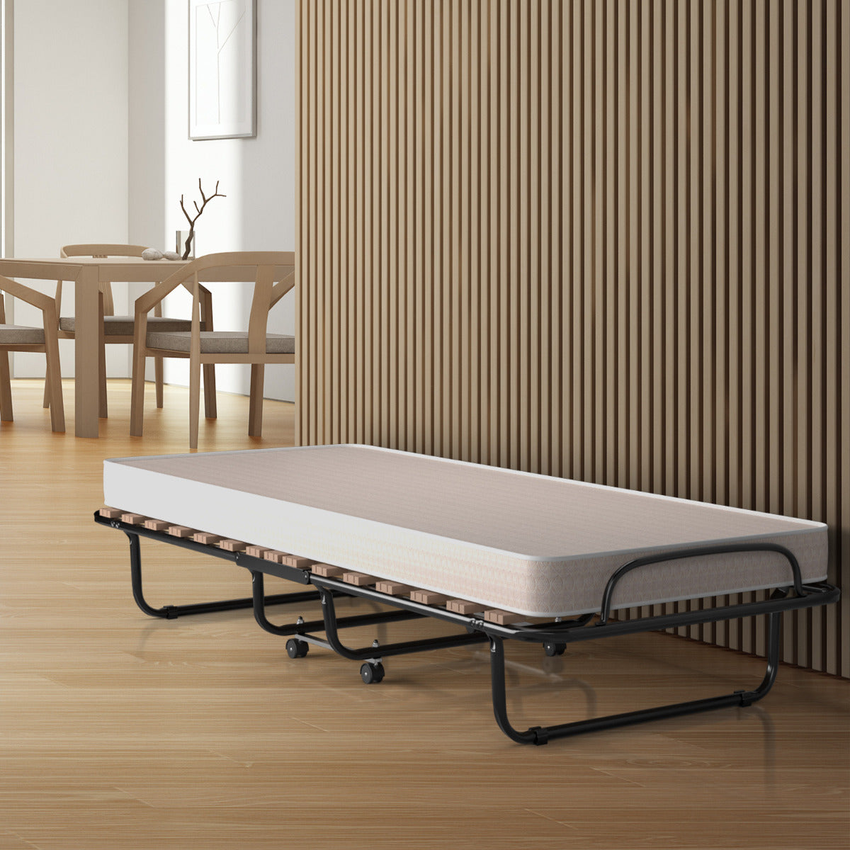 Cama Plegable con Colchón Cama para Huéspedes Portátil con Ruedas en Espuma de Memoria Estructura en Acero 190 x 80 x 33 cm Beige