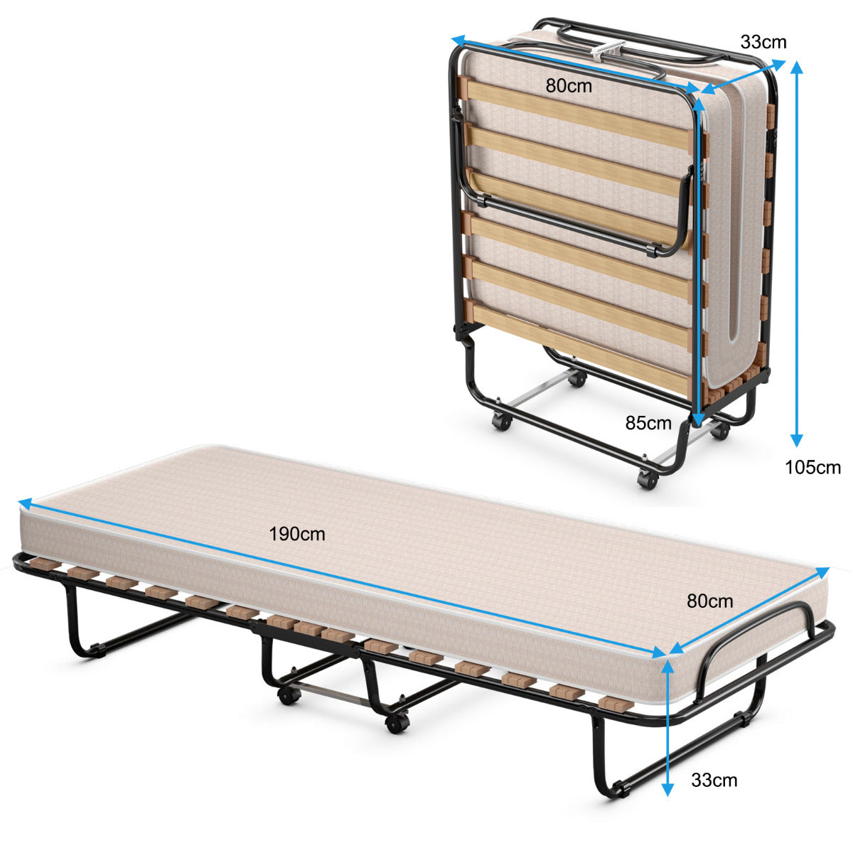 Cama Plegable con Colchón Cama para Huéspedes Portátil con Ruedas en Espuma de Memoria Estructura en Acero 190 x 80 x 33 cm Beige