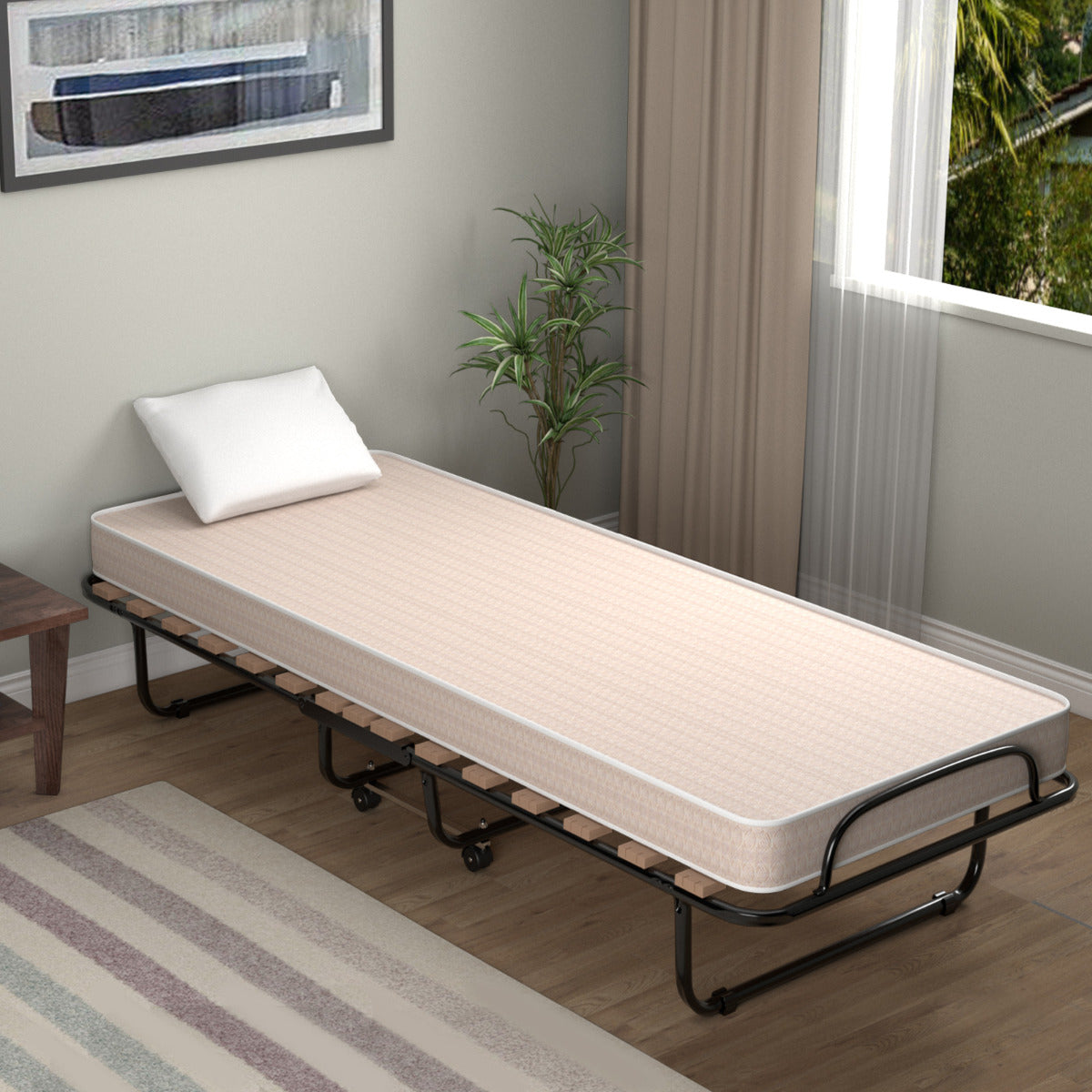 Cama Plegable con Colchón Cama para Huéspedes Portátil con Ruedas en Espuma de Memoria Estructura en Acero 190 x 80 x 33 cm Beige