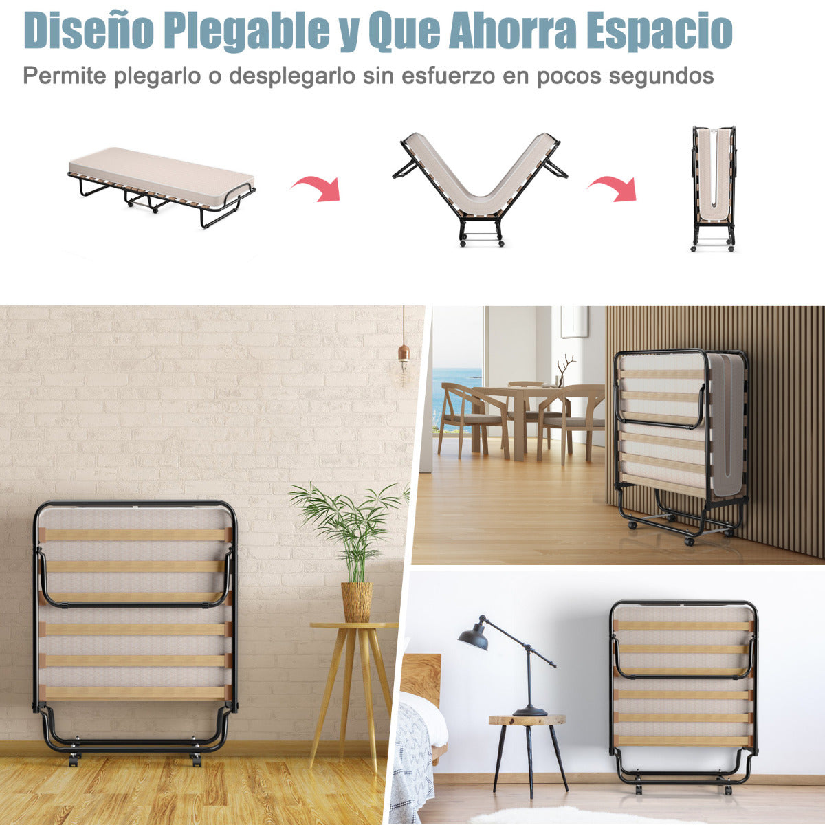 Cama Plegable con Colchón Cama para Huéspedes Portátil con Ruedas en Espuma de Memoria Estructura en Acero 190 x 80 x 33 cm Beige