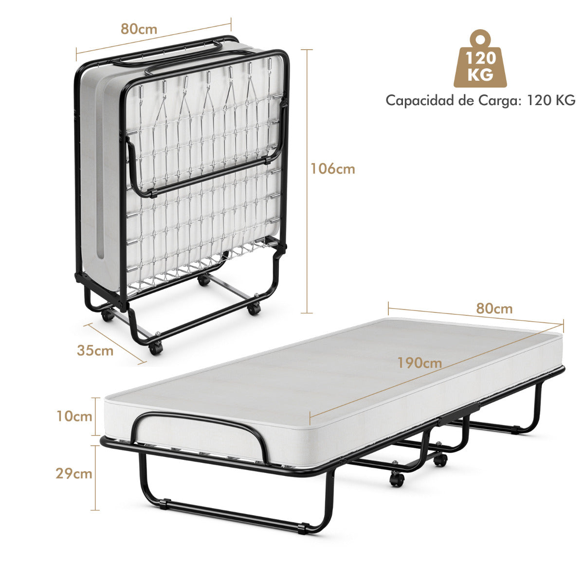 Cama Plegable con Colchón Espuma de Memoria Marco Metálico 4 Ruedas Cama Portátil Individual para Oficina