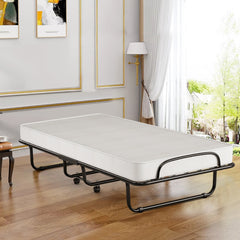 Cama Plegable con Colchón Espuma de Memoria Marco Metálico 4 Ruedas Cama Portátil Individual para Oficina