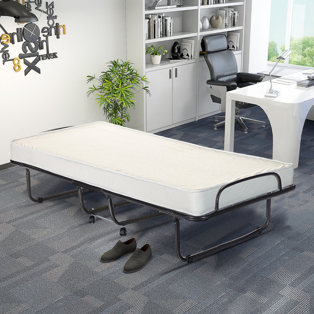 Cama Plegable con Colchón Espuma de Memoria Marco Metálico 4 Ruedas Cama Portátil Individual para Oficina