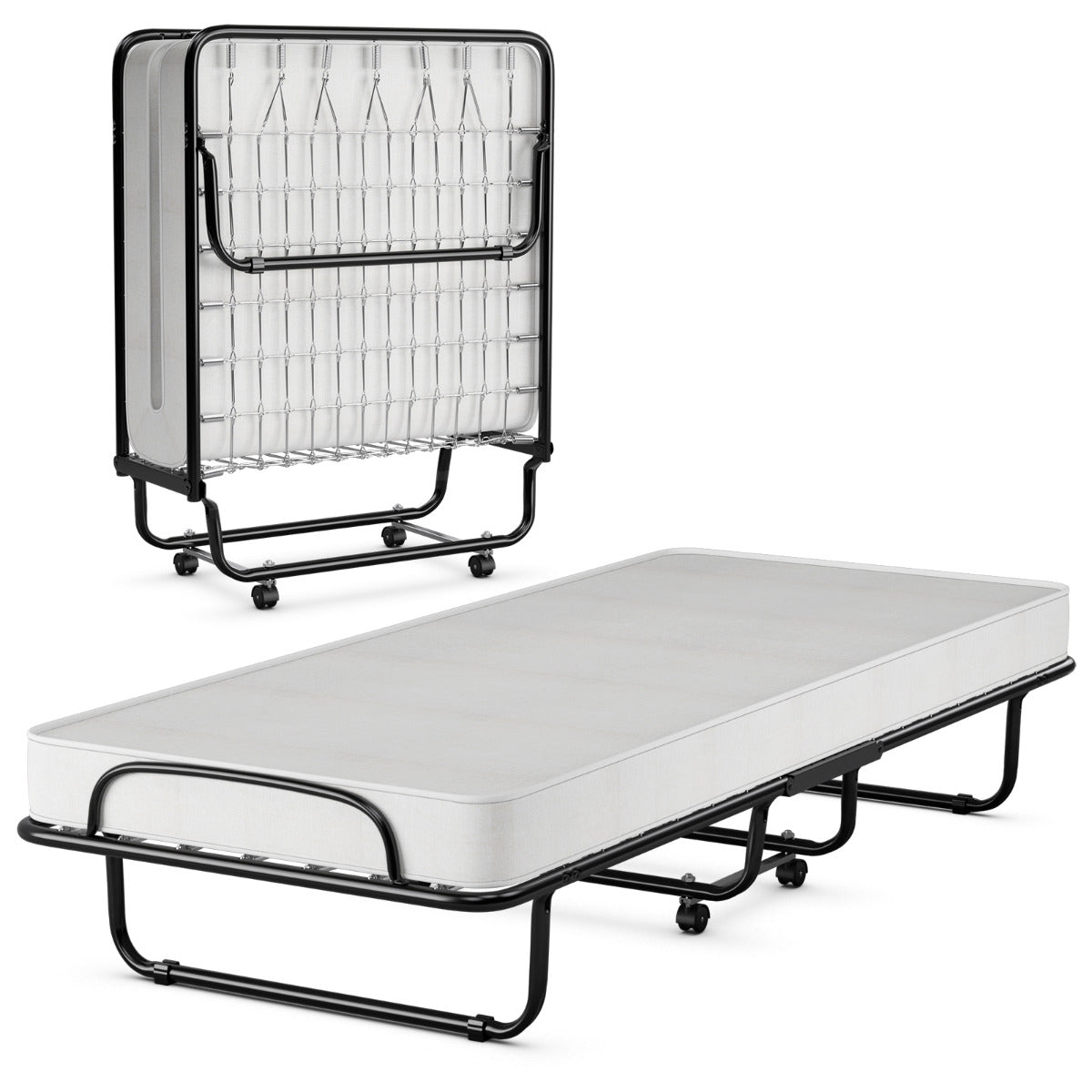 Cama Plegable con Colchón Espuma de Memoria Marco Metálico 4 Ruedas Cama Portátil Individual para Oficina