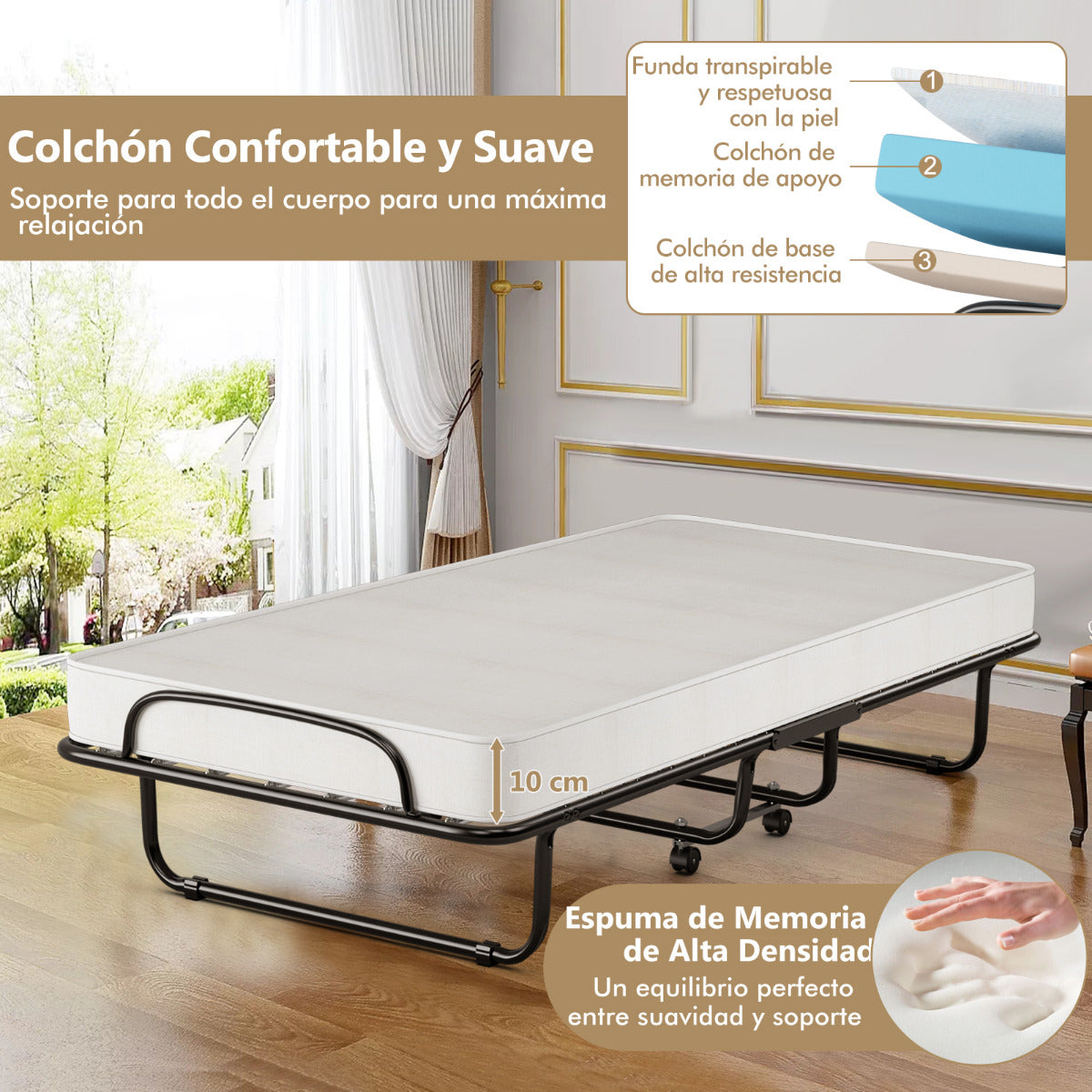 Cama Plegable con Colchón Espuma de Memoria Marco Metálico 4 Ruedas Cama Portátil Individual para Oficina