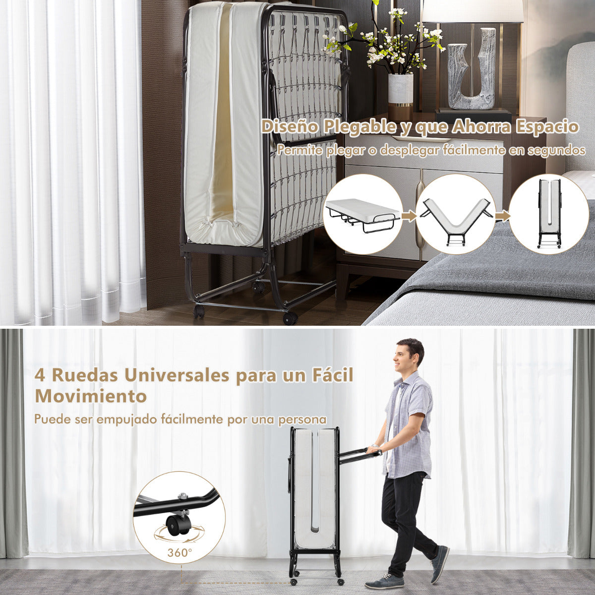 Cama Plegable con Colchón Espuma de Memoria Marco Metálico 4 Ruedas Cama Portátil Individual para Oficina