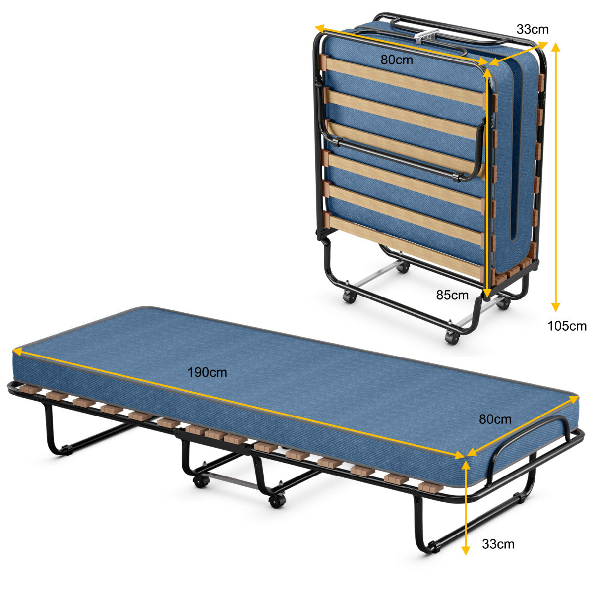 Cama Plegable con Colchón Cama para Huéspedes Portátil con Ruedas en Espuma de Memoria Estructura en Acero 190 x 80 x 33 cm Azul