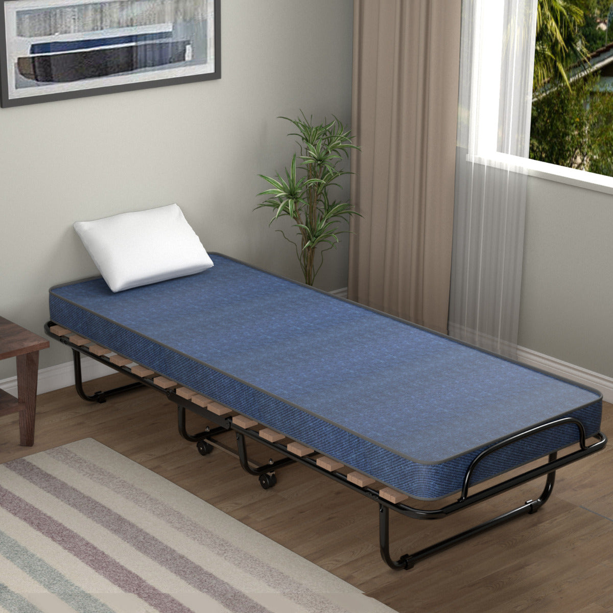 Cama Plegable con Colchón Cama para Huéspedes Portátil con Ruedas en Espuma de Memoria Estructura en Acero 190 x 80 x 33 cm Azul
