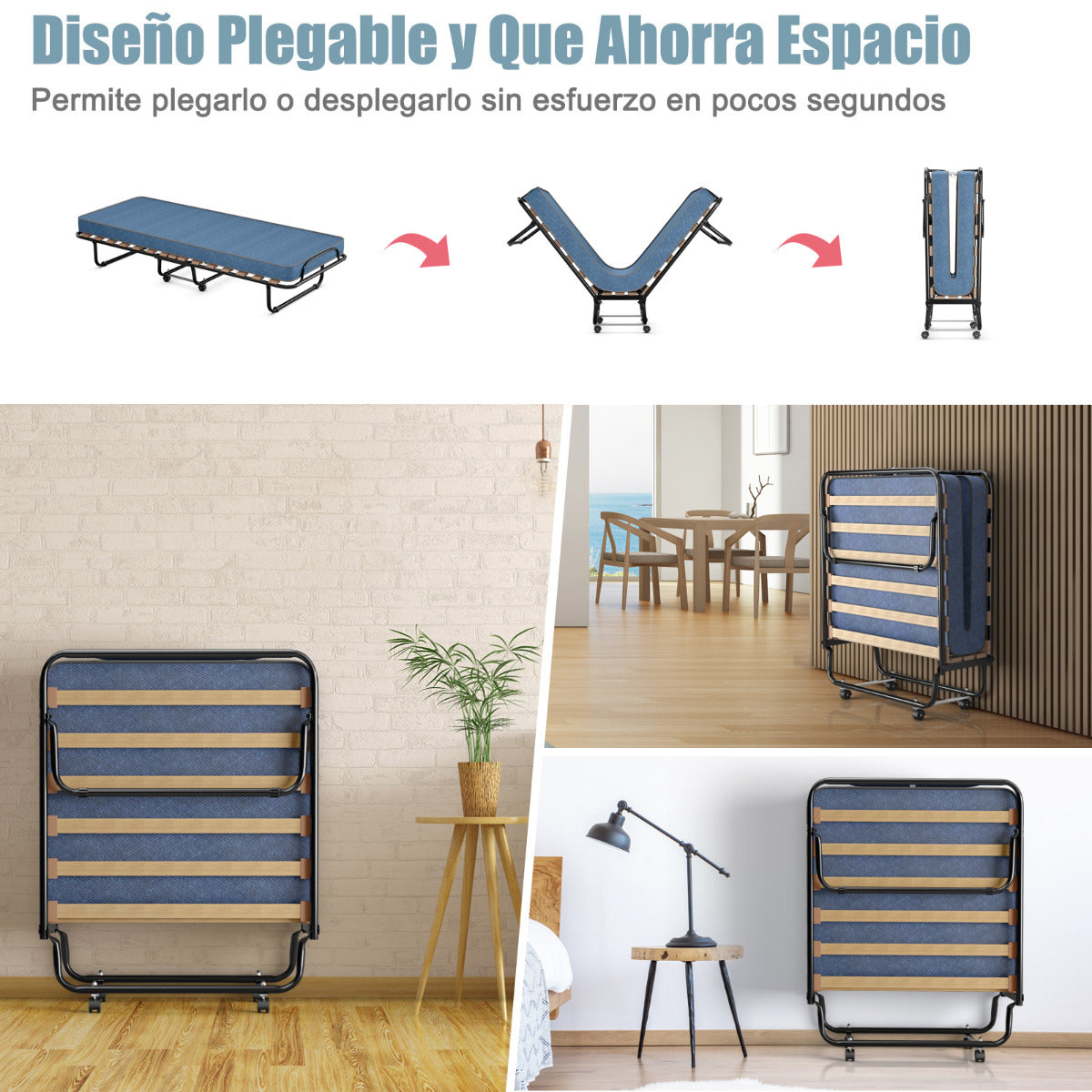 Cama Plegable con Colchón Cama para Huéspedes Portátil con Ruedas en Espuma de Memoria Estructura en Acero 190 x 80 x 33 cm Azul