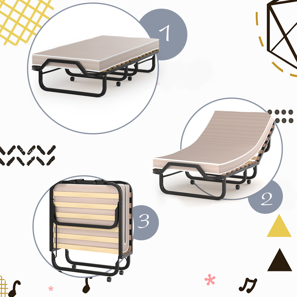 Cama Plegable con Colchón de Espuma Memoria Ruedas Marco Metálico Cama Portátil para Invitados Oficina 200 x 80 x 40 cm Beige
