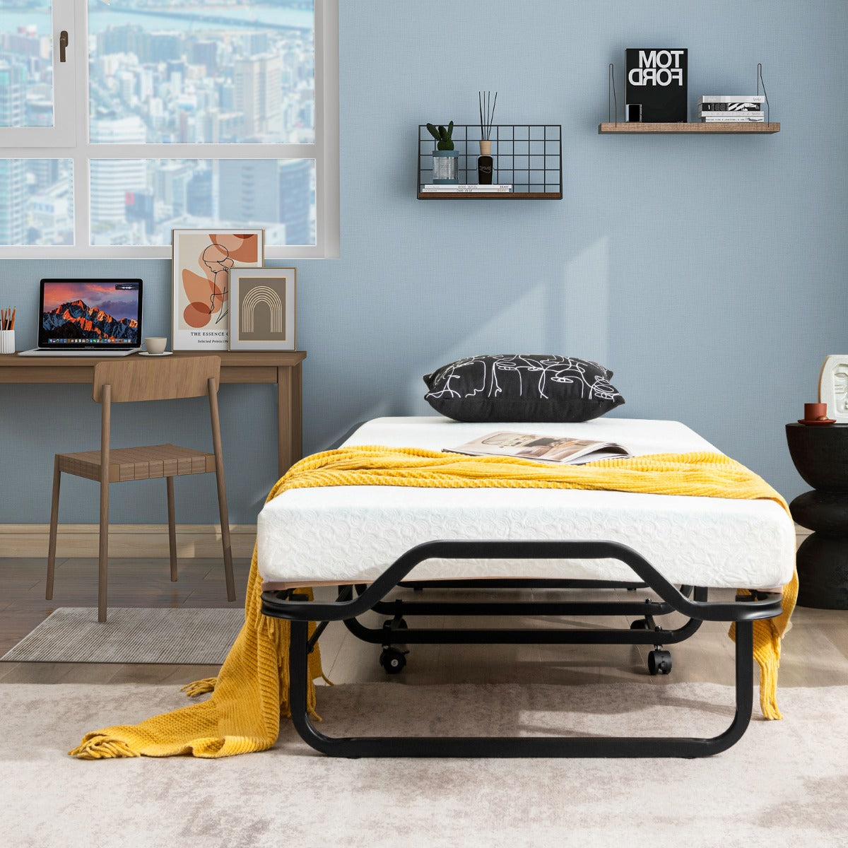 Cama Plegable con Colchón de Espuma y 2 Ruedas con Freno cama de invitados desmontable 199 x 78 x 37 cm Blanco y Negro