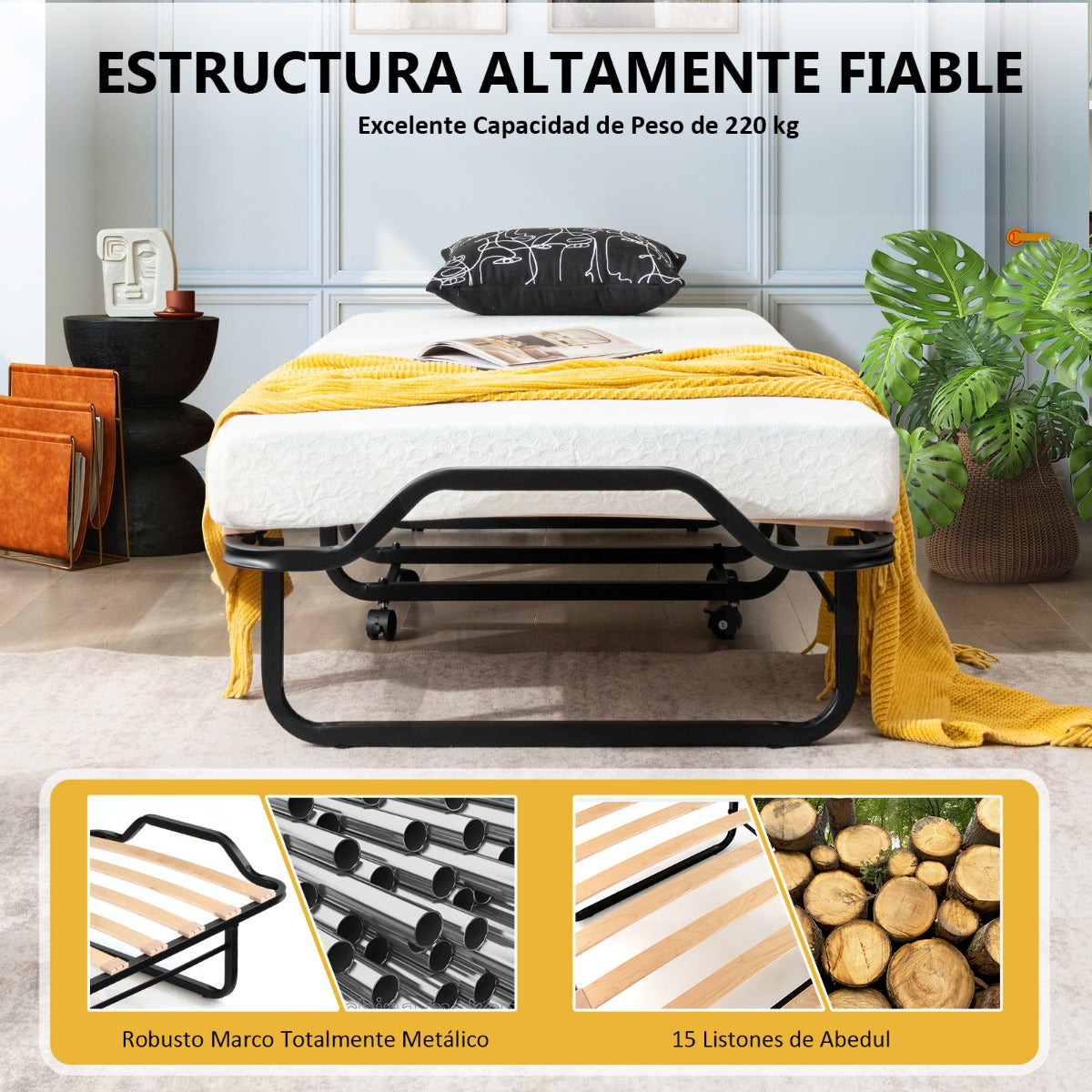 Cama Plegable con Colchón de Espuma y 2 Ruedas con Freno cama de invitados desmontable 199 x 78 x 37 cm Blanco y Negro