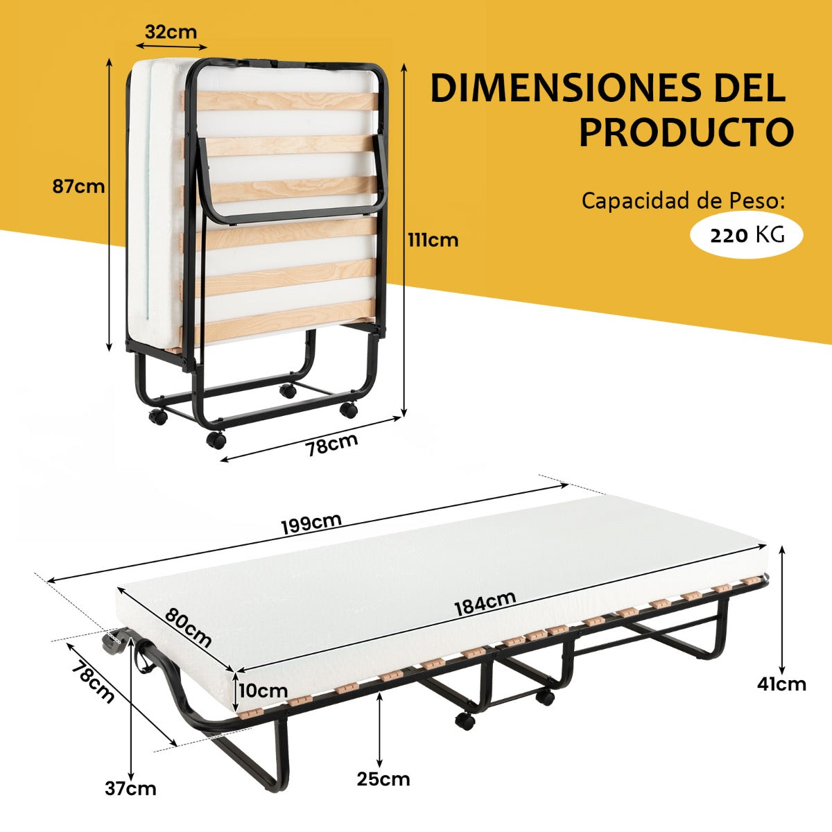 Cama Plegable con Colchón de Espuma y 2 Ruedas con Freno cama de invitados desmontable 199 x 78 x 37 cm Blanco y Negro