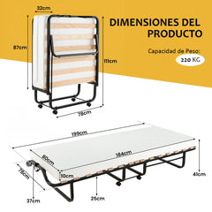 Cama Plegable con Colchón de Espuma y 2 Ruedas con Freno cama de invitados desmontable 199 x 78 x 37 cm Blanco y Negro