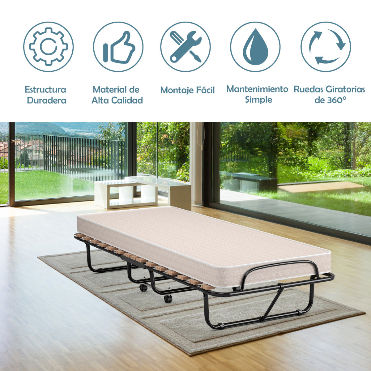 Cama Plegable Individual con Colchón de Espuma Viscoelástica Marco Metálico Cama Portátil para Invitado Camping Oficina 80 x 190 x 39 cm Beige