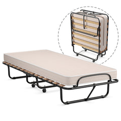 Cama Plegable Individual con Colchón de Espuma Viscoelástica Marco Metálico Cama Portátil para Invitado Camping Oficina 80 x 190 x 39 cm Beige