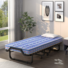 Cama Plegable con Colchón de Espuma Memoria Ruedas Marco Metálico Cama Portátil para Invitados Oficina 200 x 80 x 40 cm Azul