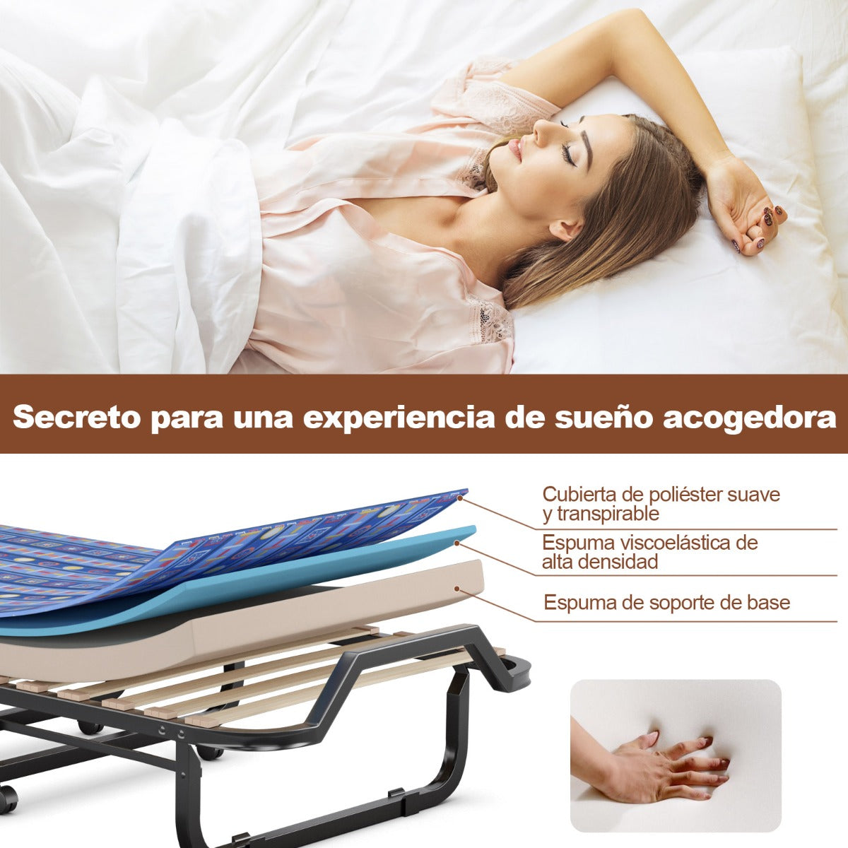 Cama Plegable con Colchón de Espuma Memoria Ruedas Marco Metálico Cama Portátil para Invitados Oficina 200 x 80 x 40 cm Azul