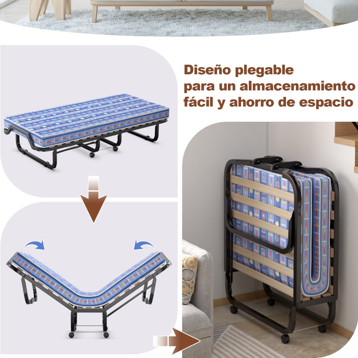 Cama Plegable con Colchón de Espuma Memoria Ruedas Marco Metálico Cama Portátil para Invitados Oficina 200 x 80 x 40 cm Azul
