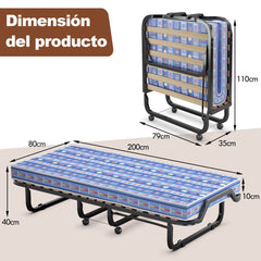 Cama Plegable con Colchón de Espuma Memoria Ruedas Marco Metálico Cama Portátil para Invitados Oficina 200 x 80 x 40 cm Azul
