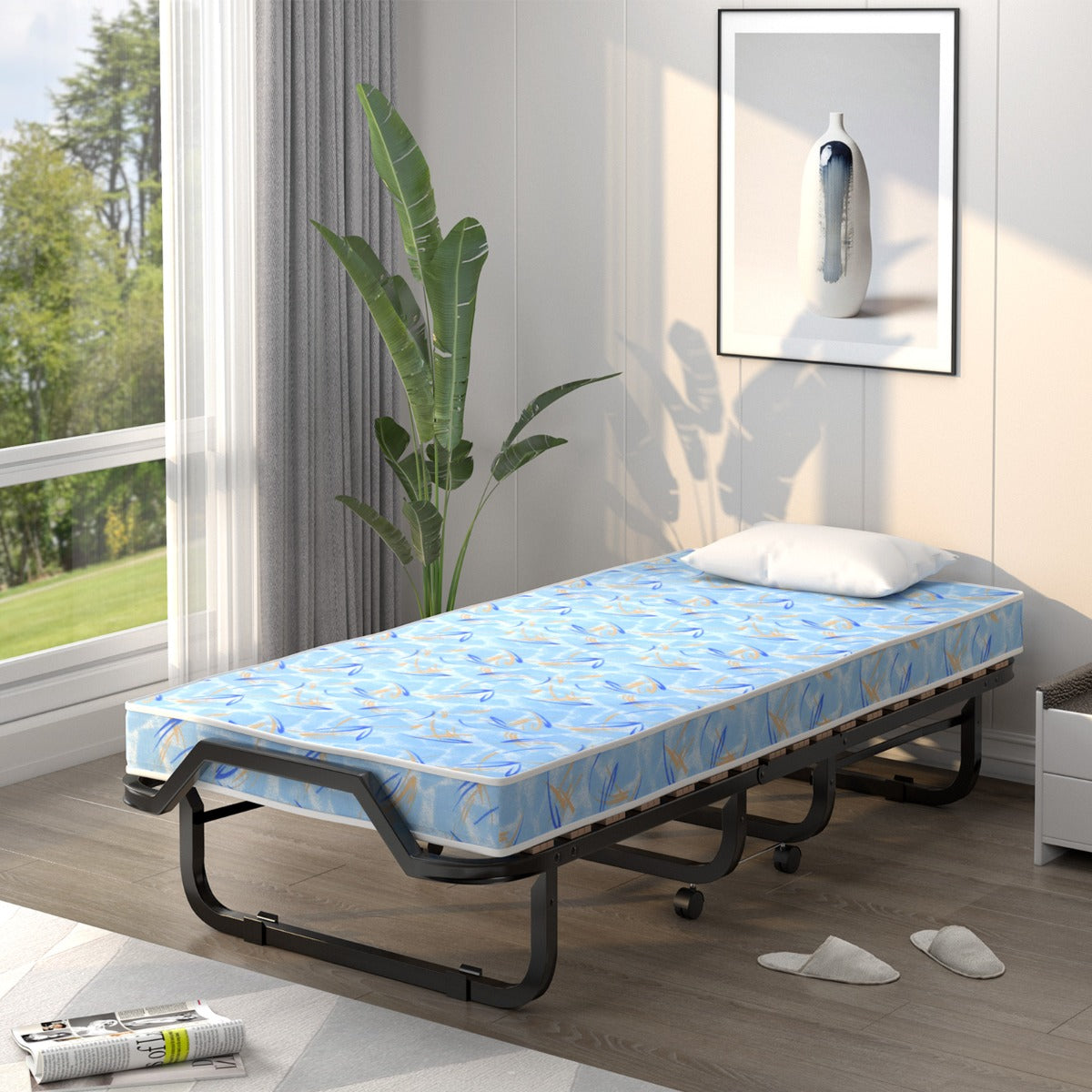 Cama Plegable Individual con Colchón en Espuma de Memoria Estructura Metálica Portátil con Ruedas para Casa Oficina 90 x 200 x 41 cm