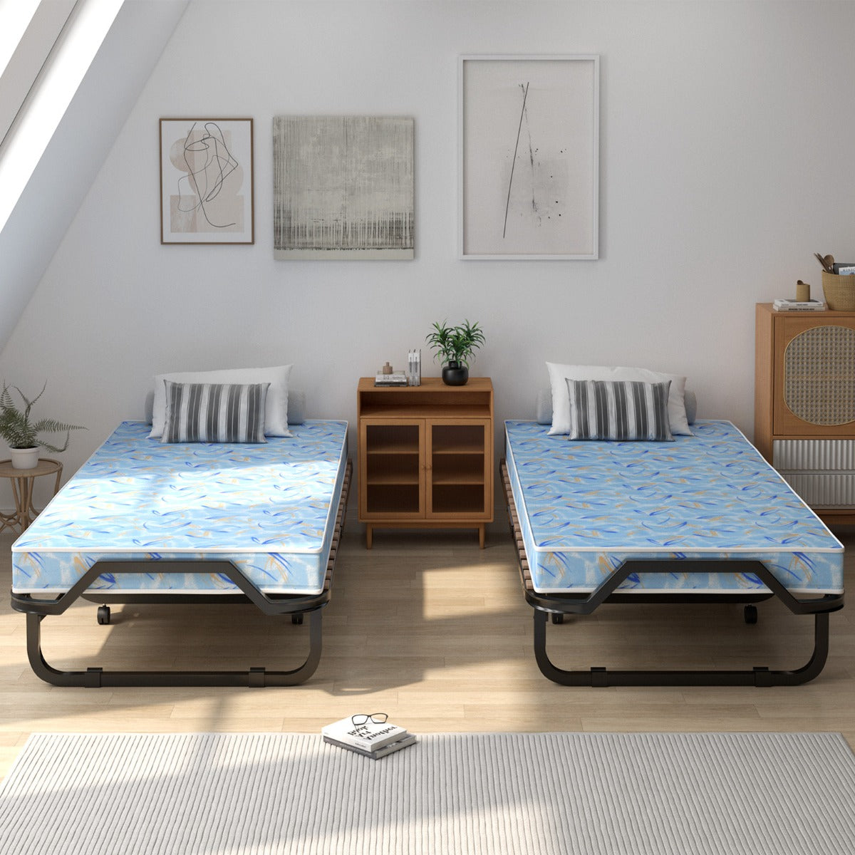 Cama Plegable Individual con Colchón en Espuma de Memoria Estructura Metálica Portátil con Ruedas para Casa Oficina 90 x 200 x 41 cm