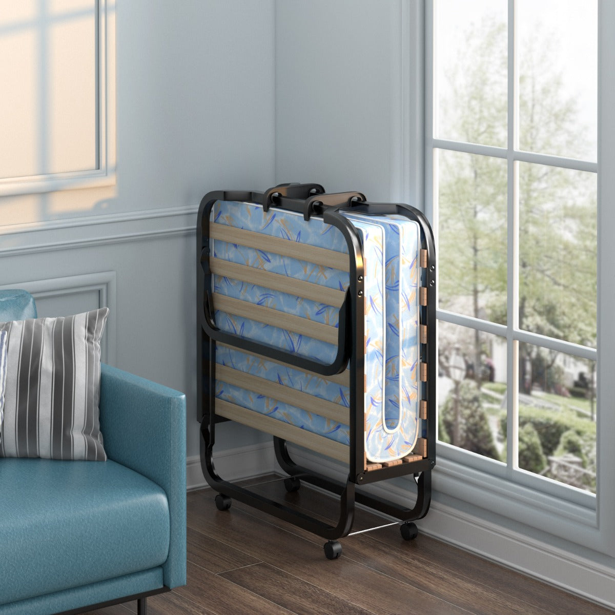 Cama Plegable Individual con Colchón en Espuma de Memoria Estructura Metálica Portátil con Ruedas para Casa Oficina 90 x 200 x 41 cm