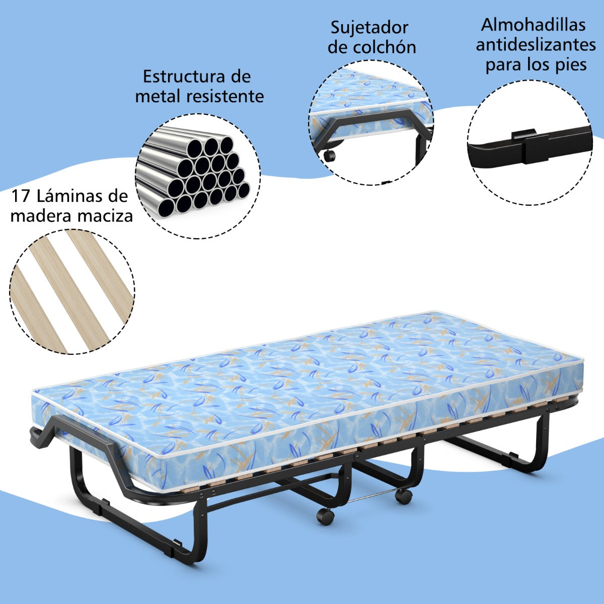 Cama Plegable Individual con Colchón en Espuma de Memoria Estructura Metálica Portátil con Ruedas para Casa Oficina 90 x 200 x 41 cm