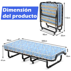 Cama Plegable Individual con Colchón en Espuma de Memoria Estructura Metálica Portátil con Ruedas para Casa Oficina 90 x 200 x 41 cm