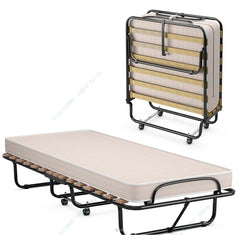 Cama Plegable con Colchón Cama para Huéspedes Portátil con Ruedas en Espuma de Memoria Estructura en Acero 190 x 80 x 33 cm Beige