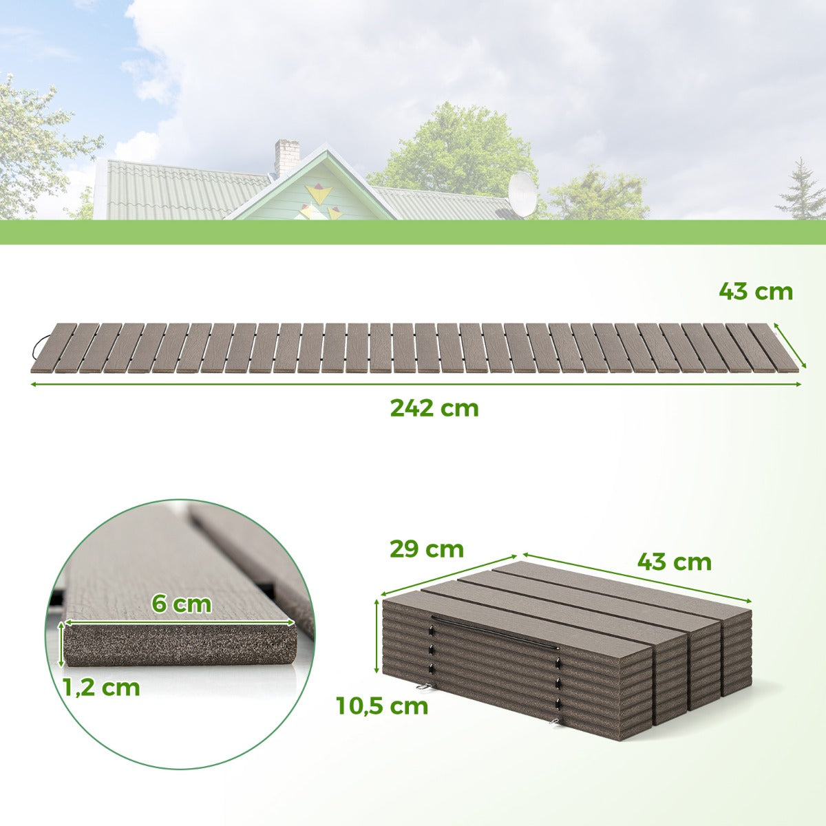Camino de Jardín Exterior de 242 cm Sendero Recto Desplegable para Patio Conexión de Alambre Metálico Antideslizante Camino Decorativo Gris