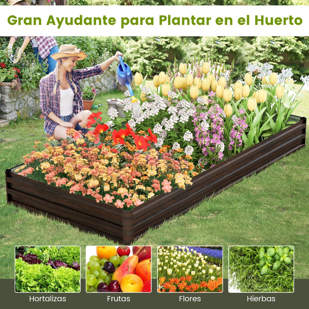 Cantero de Jardín Elevada Jardinera de Metal para Vegetales con Soporte Reforzado Base Abierta Fácil Montaje 240 x 120 x 30 cm Café