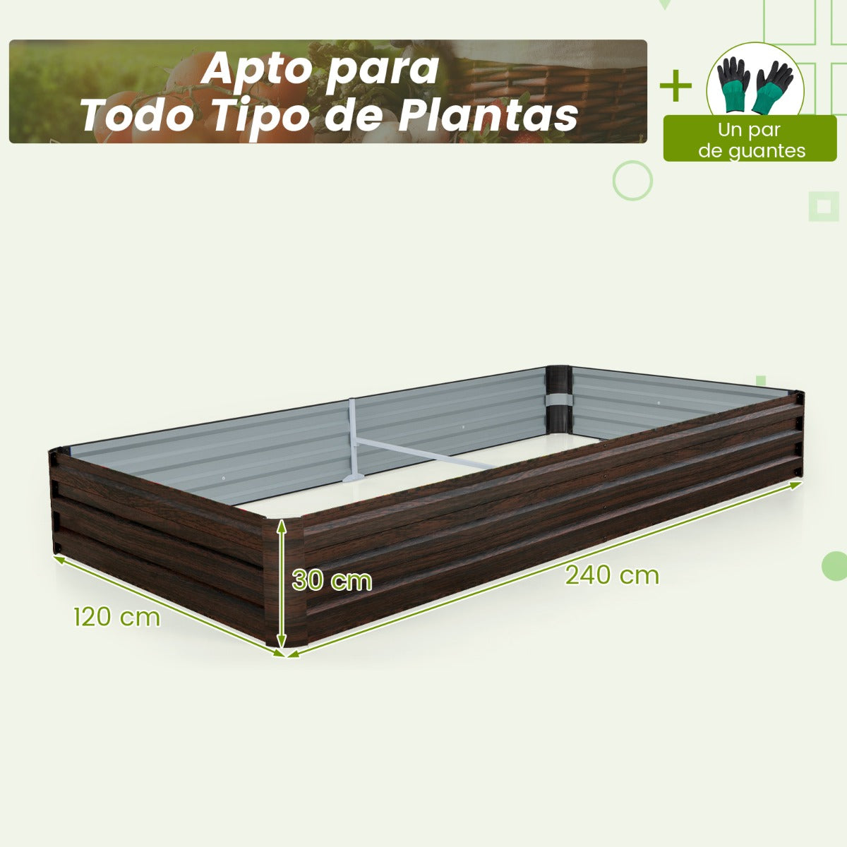 Cantero de Jardín Elevada Jardinera de Metal para Vegetales con Soporte Reforzado Base Abierta Fácil Montaje 240 x 120 x 30 cm Café