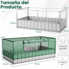 Cama de Jardín Elevada Galvanizada con Cubierta de Invernadero Puerta Enrollable 8 Etiquetas en T y Par de Guantes 174 x 90 x 71 cm