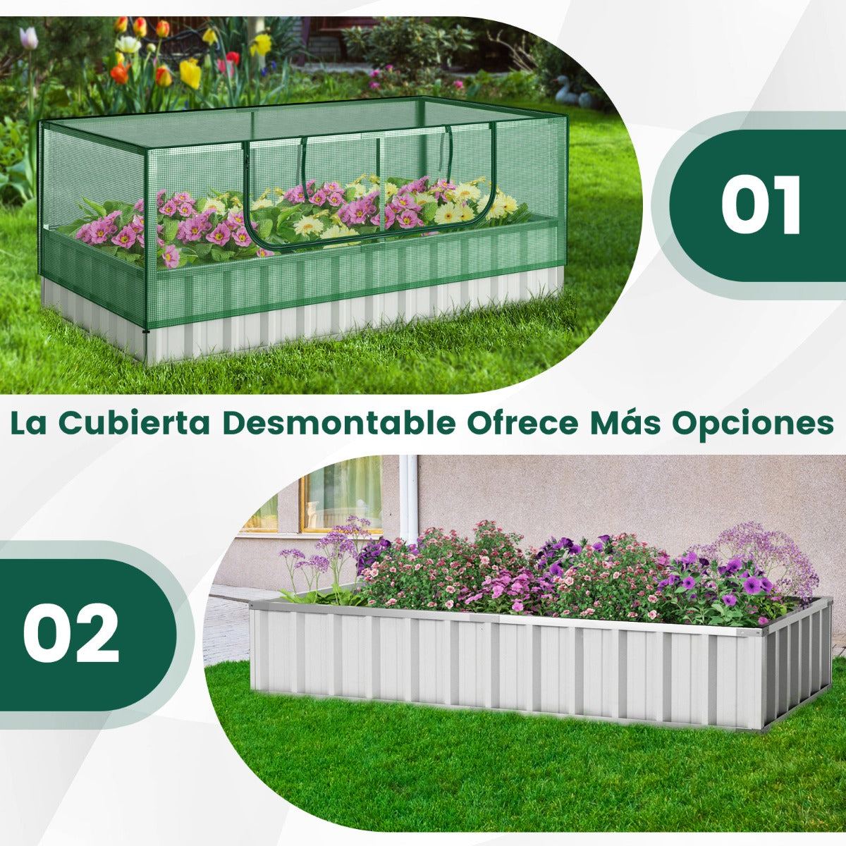 Cama de Jardín Elevada Galvanizada con Cubierta de Invernadero Puerta Enrollable 8 Etiquetas en T y Par de Guantes 174 x 90 x 71 cm