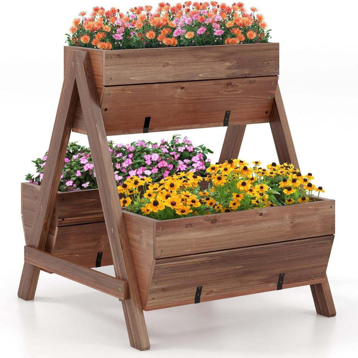 Cantero Vertical Elevada con 3 Cajas de Madera Agujeros de Drenaje Macetero Independiente para Patio Jardín Balcón 66 x 73 x 73 cm Marrón