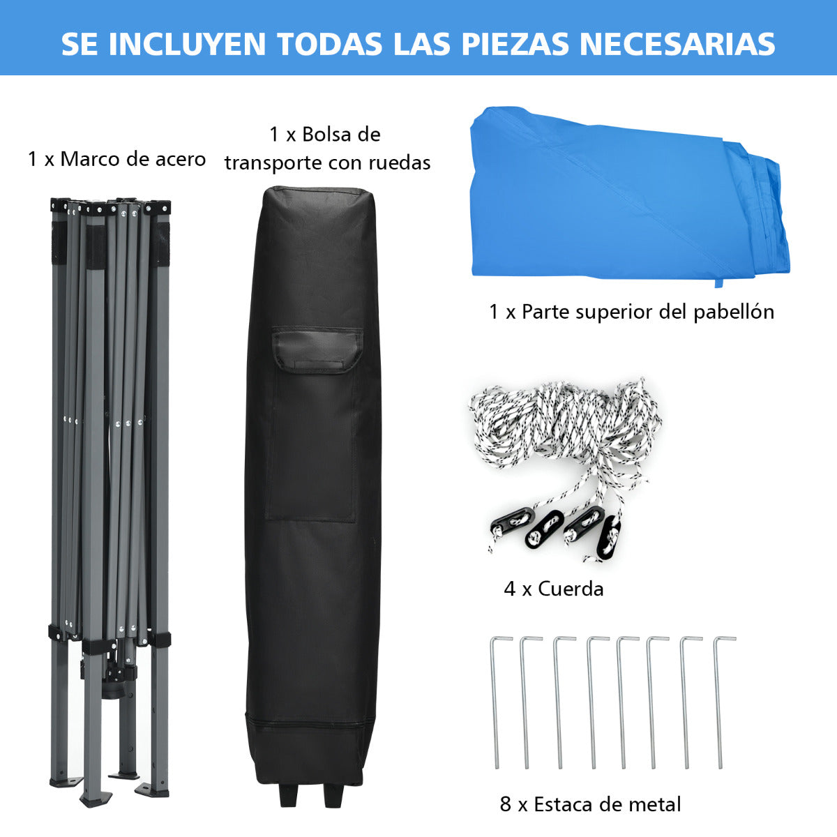 Carpa 3 x 3 m con Patas Inclinadas Pared Lateral Desmontable Glorieta Plegable Altura Regulable con Sistema Central Bolso Azul