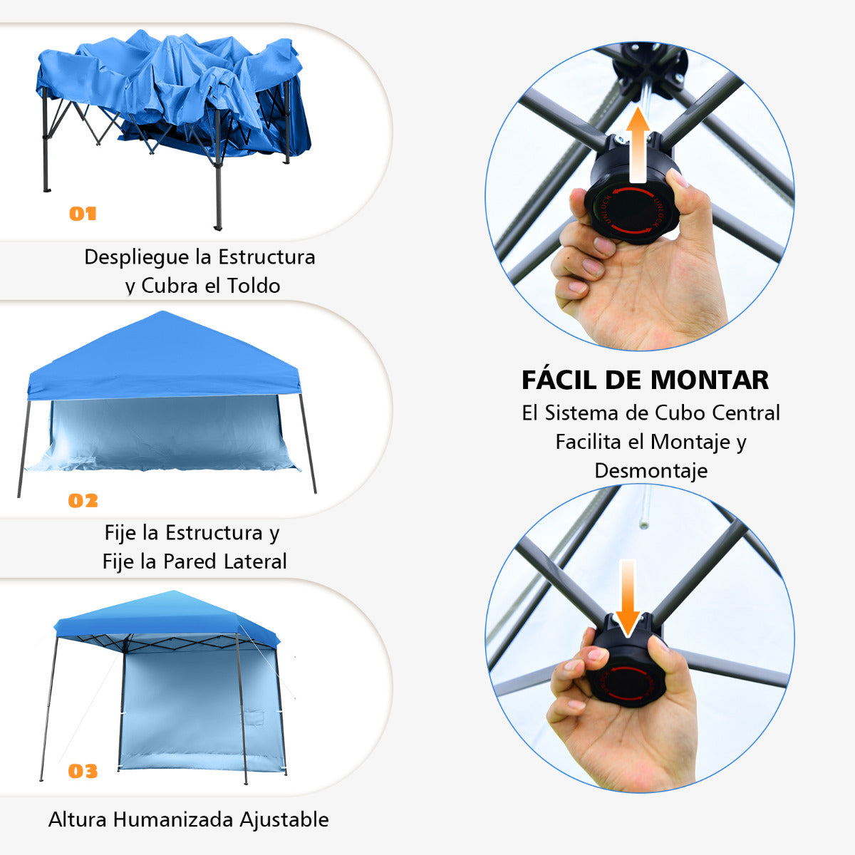 Carpa 3 x 3 m con Patas Inclinadas Pared Lateral Desmontable Glorieta Plegable Altura Regulable con Sistema Central Bolso Azul