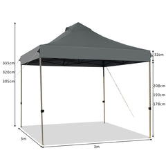 Carpa con Dosel Desplegable de 3 x 3 m Toldo Portátil Impermeable con Bolsa de Transporte Ruedas 3 Alturas Ajustables para Jardín Gris