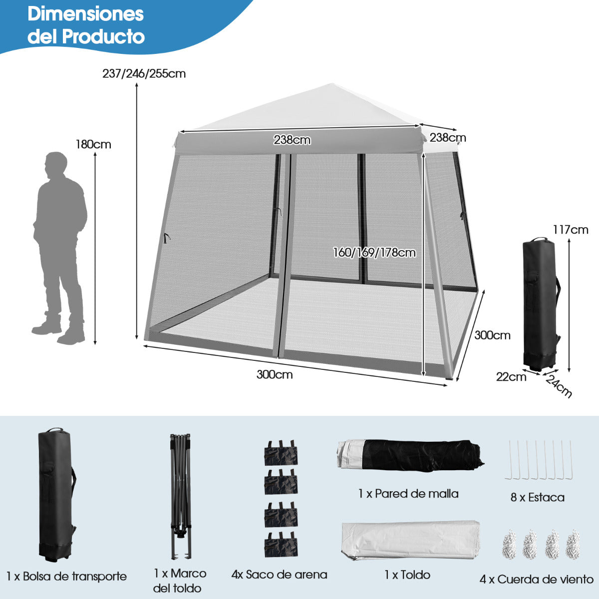 3x3m Carpa Plegable Instantáneo de Exterior Tienda de Patas Inclinadas con Paredes Laterales Altura Regulable para Patio Playa Gris