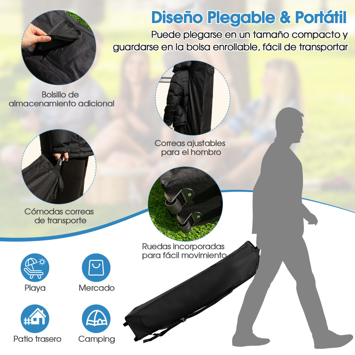 3x3m Carpa Plegable Instantáneo de Exterior Tienda de Patas Inclinadas con Paredes Laterales Altura Regulable para Patio Playa Gris